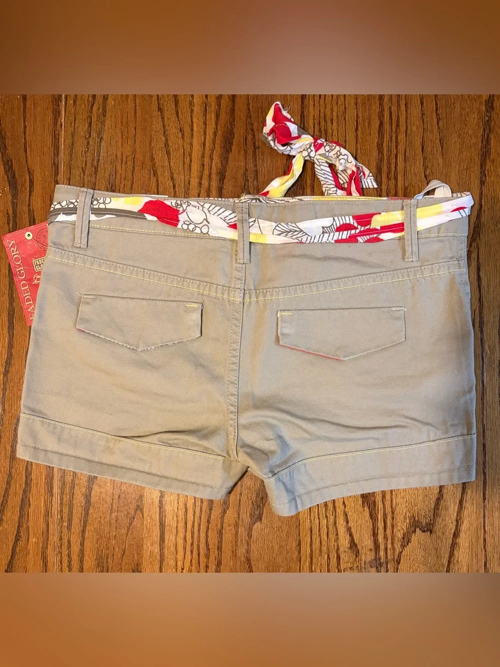 Faded Glory Teal, Cream & Tan Women's Casual Shorts Trio with Floral Tie Belts